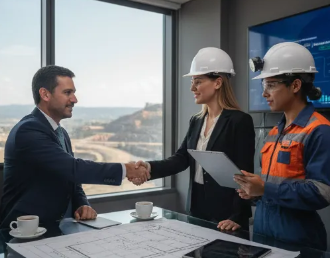 Directivos mineros en terreno comunicación estratégica minera líderes. Imagen ilustrativa de ACERO Y ROCA