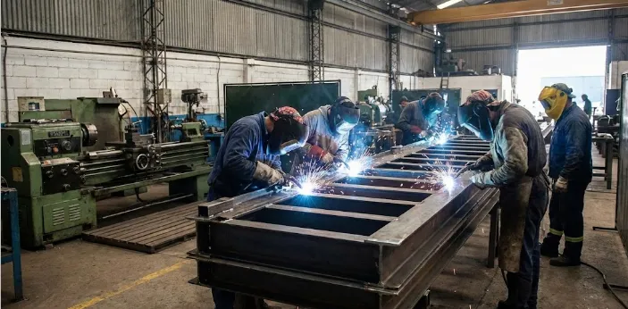 Desafíos mineros Argentina 2026: Operarios calificados trabajando en un taller industrial. Imagen ilustrativa de ACERO Y ROCA