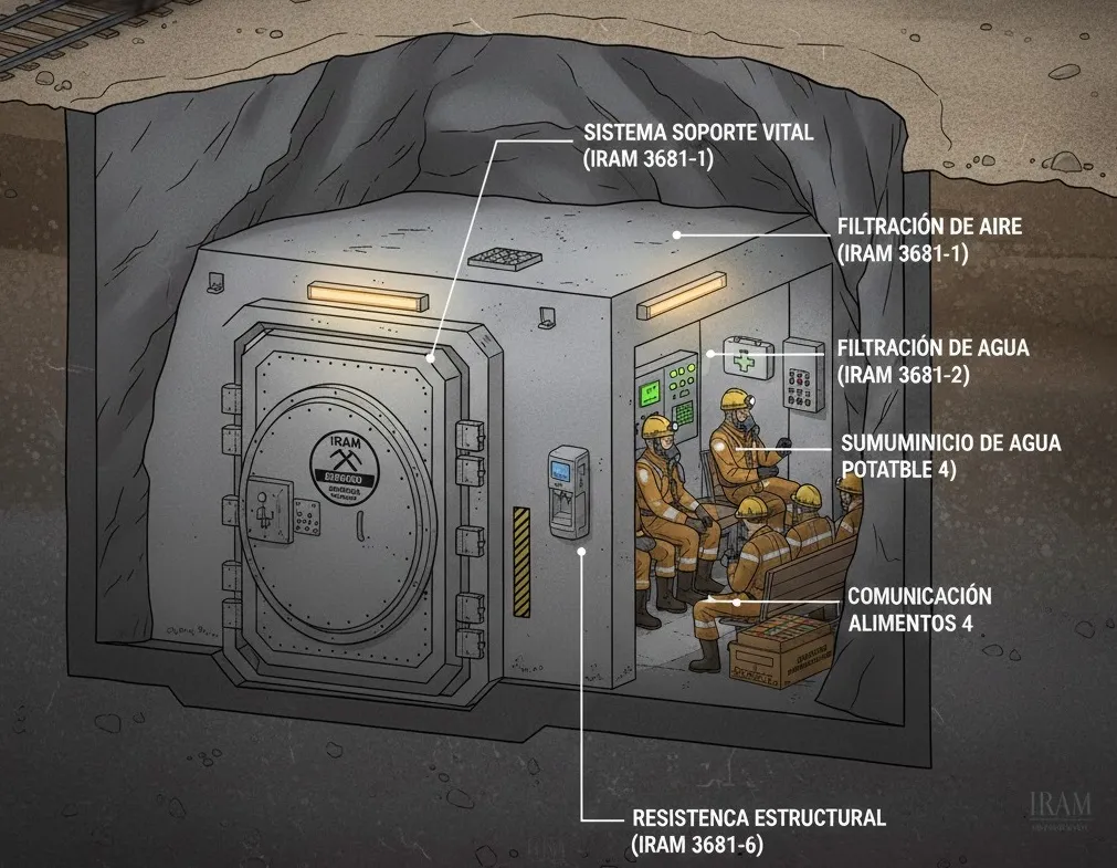 Imagen de ACERO Y ROCA Infografía detallada del interior de un refugio minero con sus sistemas de soporte vital. Imagen de Acero y Roca.