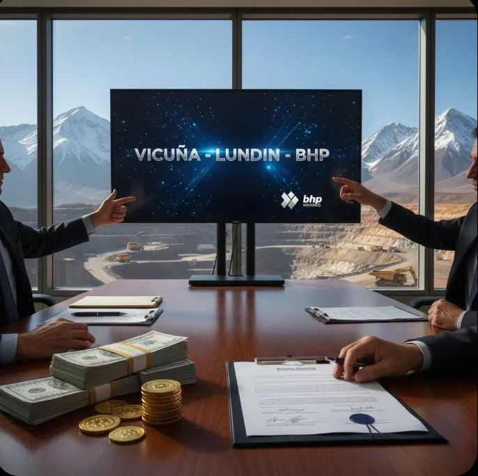 Imagen de ACERO Y ROCA Representación de una reunión ejecutiva con fardos de dólares, documentos y un monitor que muestra la alianza Vicuña, Lundin y BHP con la cordillera de San Juan de fondo. Imagen de Acero y Roca