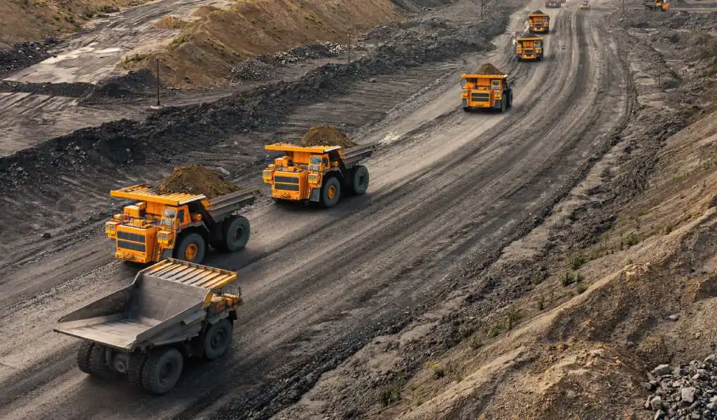 Fotografía de gran formato de una operación minera a cielo abierto con varios camiones mineros transportando mineral en una cantera de gran escala.