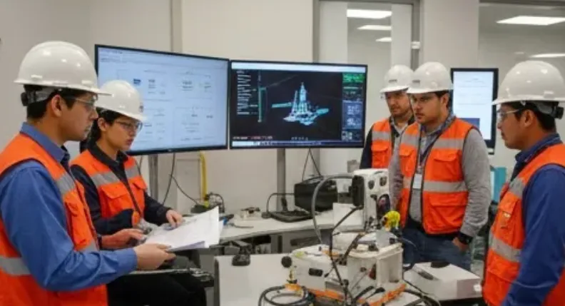 Especialistas en centro de control digital analizando novedades de minería y tecnología.