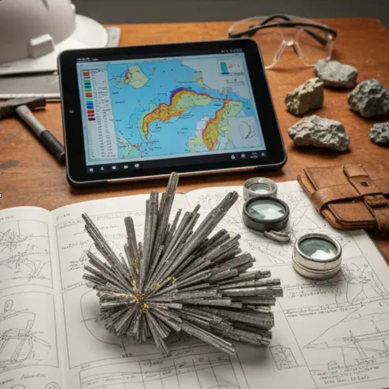 imagen Acero y Roca Muestra de antimonita junto a herramientas de mapeo digital. Imagen ilustrativa de Acero y Roca.