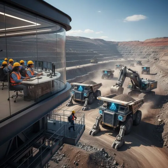 Imagen de ACERO Y ROCA Operarios manejando camiones mineros de forma remota en plena faena de montaña. Imagen de Acero y Roca