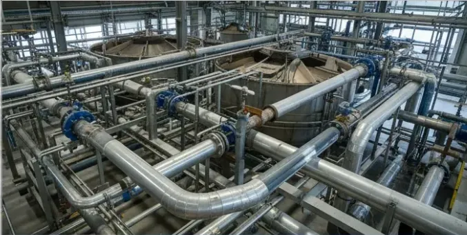 Imagen de ACERO Y ROCA Diagrama de tuberías industriales y tanques de tratamiento de agua en circuito cerrado para procesos mineros. Imagen ilustrativa de Acero y Roca.