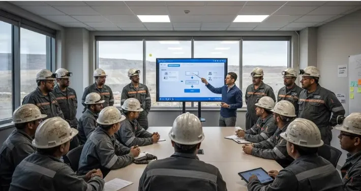 Imagen de Acero y Roca. Grupo de mineros en una charla de seguridad operativa en San Juan. Imagen de Acero y Roca.