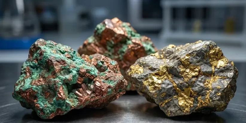 Imagen de Acero y Roca. Inversiones mineras RIGI Argentina. Lingotes de oro y concentrado de cobre representando la producción minera. Imagen ilustrativa de Acero y Roca.