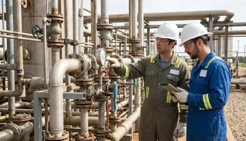 Reactivación de cuencas maduras. Personal técnico especializado en monitoreo de presión de pozos petroleros convencionales. Imagen ilustrativa de Acero y Roca.