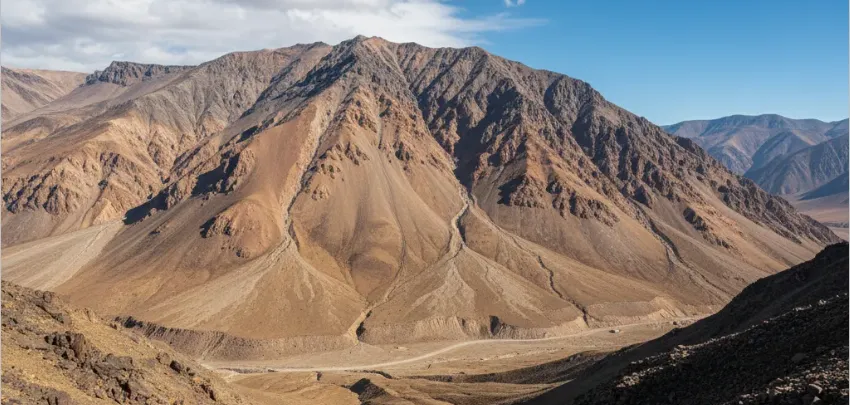 Imagen de ACERO Y ROCA Paisaje geológico del departamento de Iglesia, San Juan, mostrando contacto entre Cordillera Frontal y Precordillera. Imagen ilustrativa de Acero y Roca.