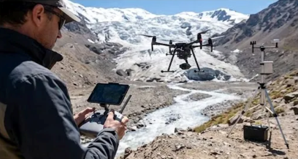 Imagen de ACERO Y ROCA Dron sobrevolando zona cordillerana para monitoreo ambiental y de cuerpos de hielo. Imagen ilustrativa de Acero y Roca