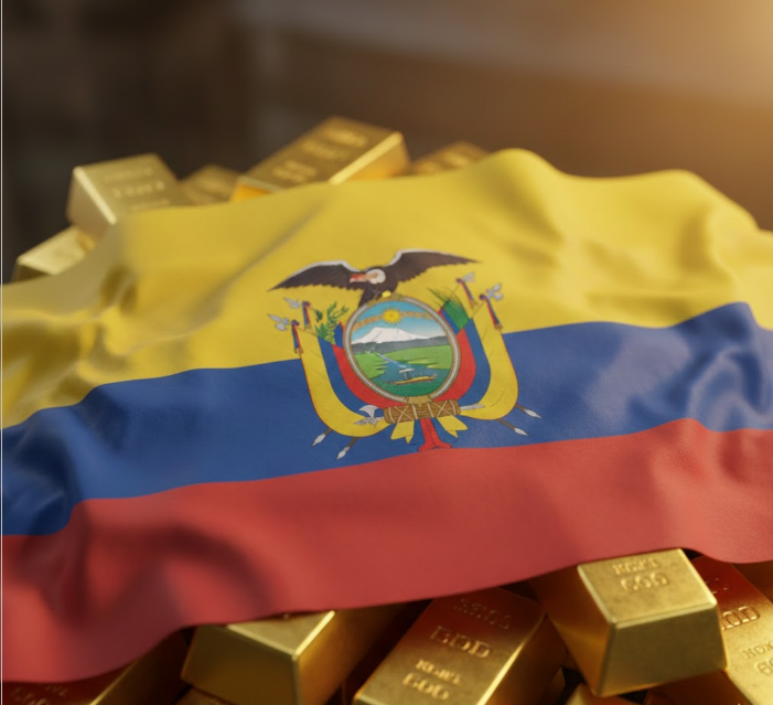 Bandera de Ecuador y lingotes de oro. Imagen: Acero y Roca.