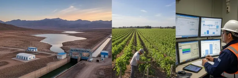 Imagen de ACERO Y ROCA Canales de riego agrícola en San Juan abasteciendo plantaciones de vid bajo un cielo despejado. Imagen ilustrativa de Acero y Roca.