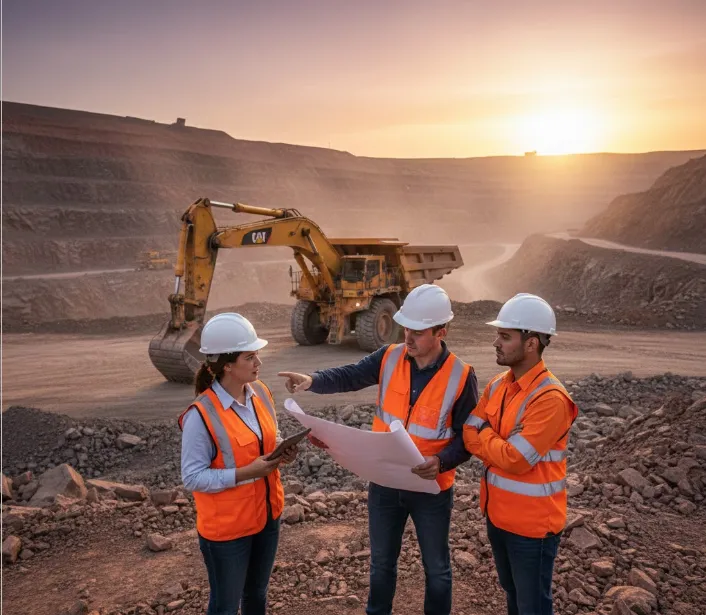 Equipos de trabajo diversos en proyectos de minería moderna. Imagen ilustrativa: Acero y Roca.