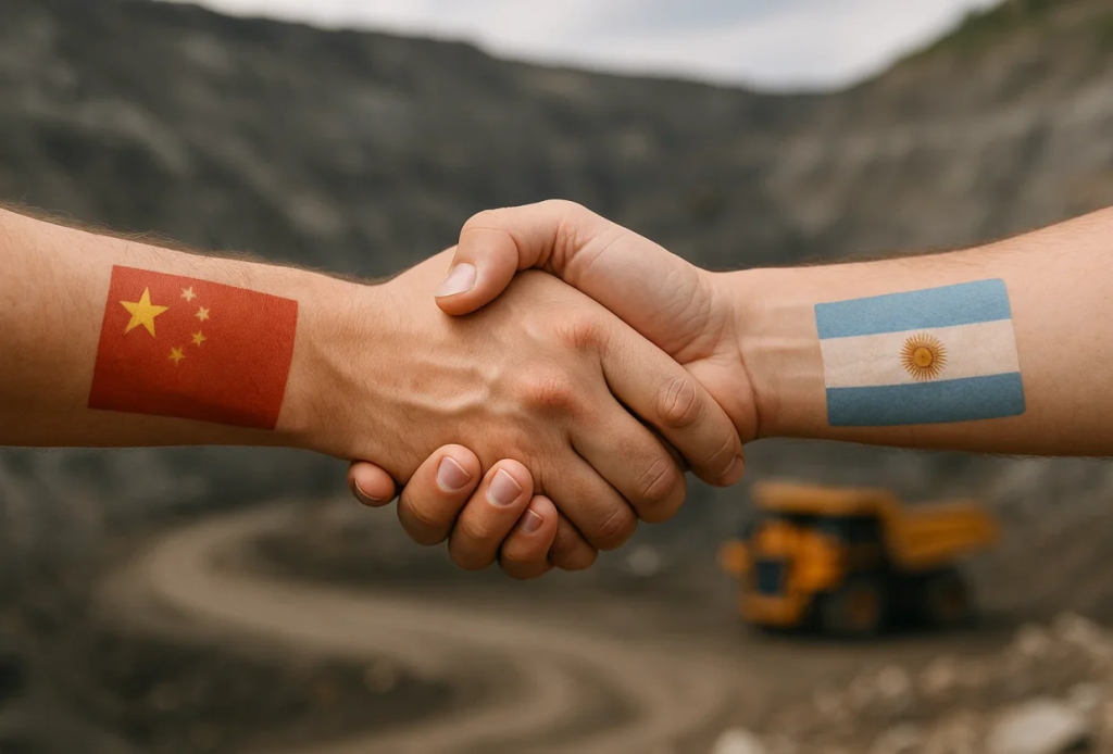imagen de Acero y Roca Estrechamiento de manos simbólico entre banderas de Argentina y China sobre un fondo minero. Imagen de Acero y Roca