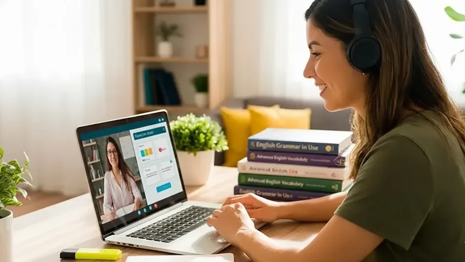 Mujer estudiando inglés online