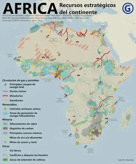 Mapa de África resaltando países productores de minerales estratégicos.