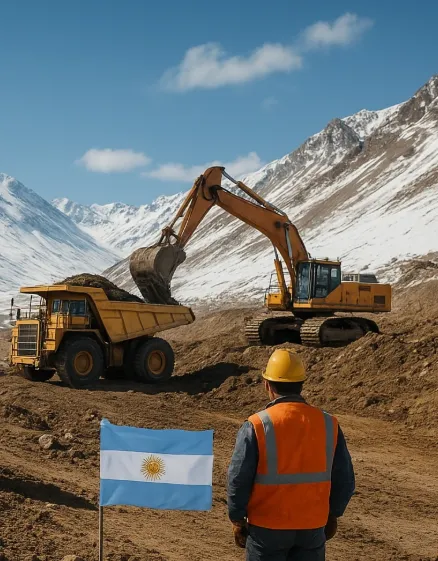Imagen de Acero y Roca Máquina trabajando en proyecto y bandera argentina. Imagen de Acero y Roca
