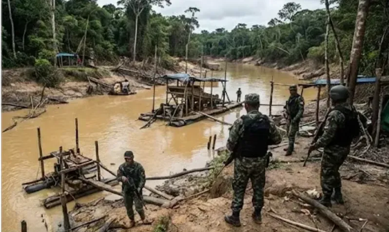 Operativos militares intentan frenar la minería ilegal en zonas fluviales, una actividad que ya financia redes delictivas y devasta el medio ambiente. Imagen ilustrativa de ACERO Y ROCA