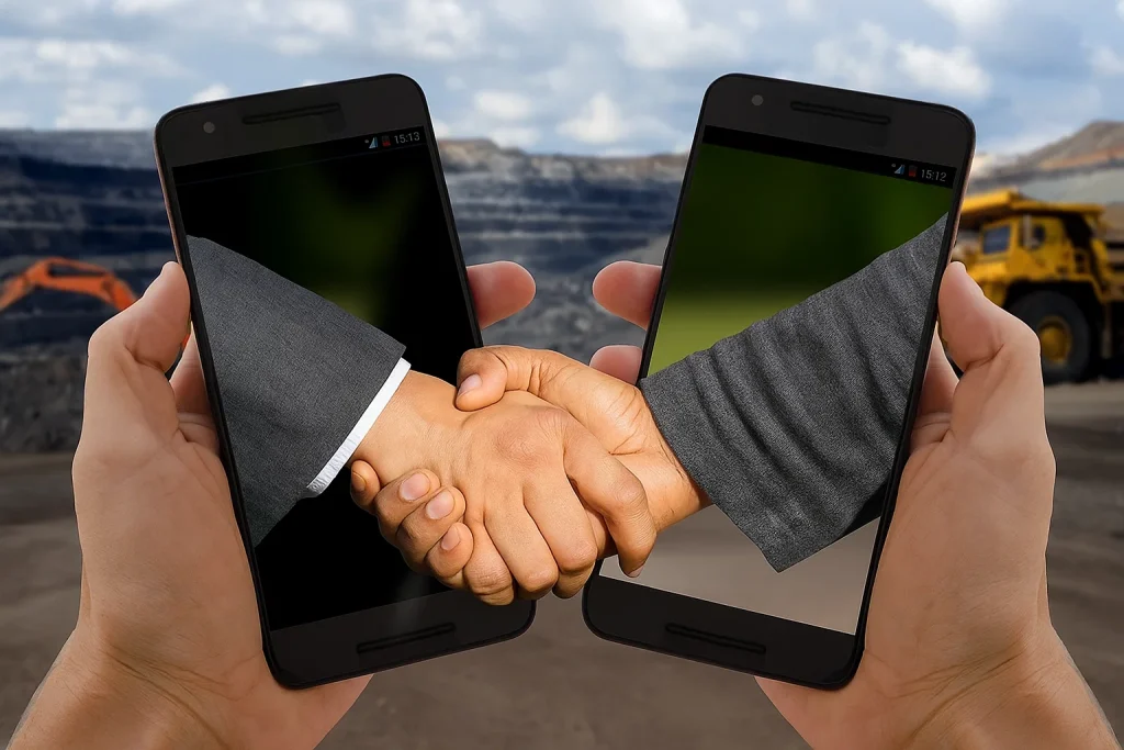 Imagen de ACERO Y ROCA Dos profesionales estrechando manos representando acuerdos de colaboración institucional minera. Imagen de Acero y Roca