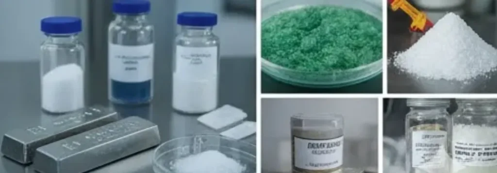 Imagen de Acero y Roca Muestrario de los diversos productos finales, como sales, polvos y lingotes de metales estratégicos, obtenidos del tratamiento del rechazo de la desalinizadora. Imagen ilustrativa de Acero y Roca.