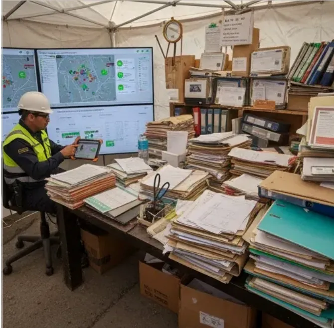 imagen Acero y Roca Un supervisor administrativo gestiona legajos físicos en una oficina de campo. Imagen ilustrativa de Acero y Roca.