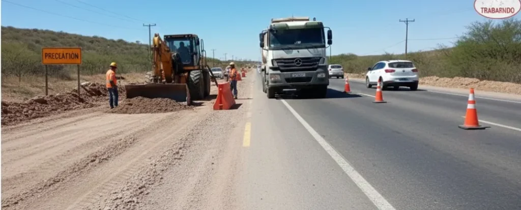 Camión y maquinaria vial trabajando en el borde de la Ruta 40 en San Juan. Imagen ilustrativa de ACERO Y ROCA