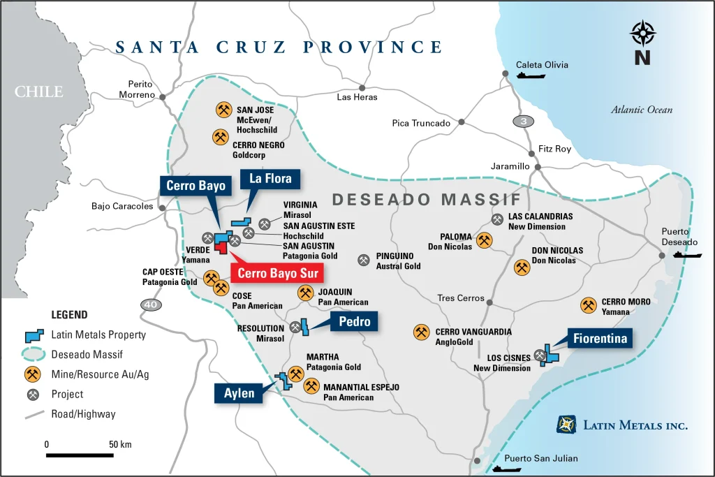 Mapa técnico de la provincia de Santa Cruz destacando los proyectos Cerro Bayo y La Flora.