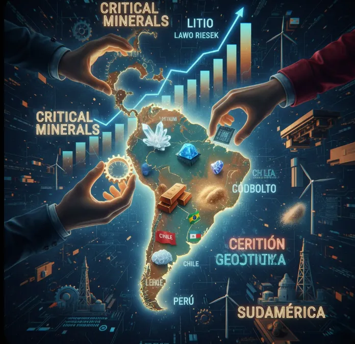 Imagen de ACERO Y ROCA Mapa de América del Sur resaltado con iconos de minerales críticos, chips tecnológicos y gráficos de crecimiento económico. Imagen de Acero y Roca
