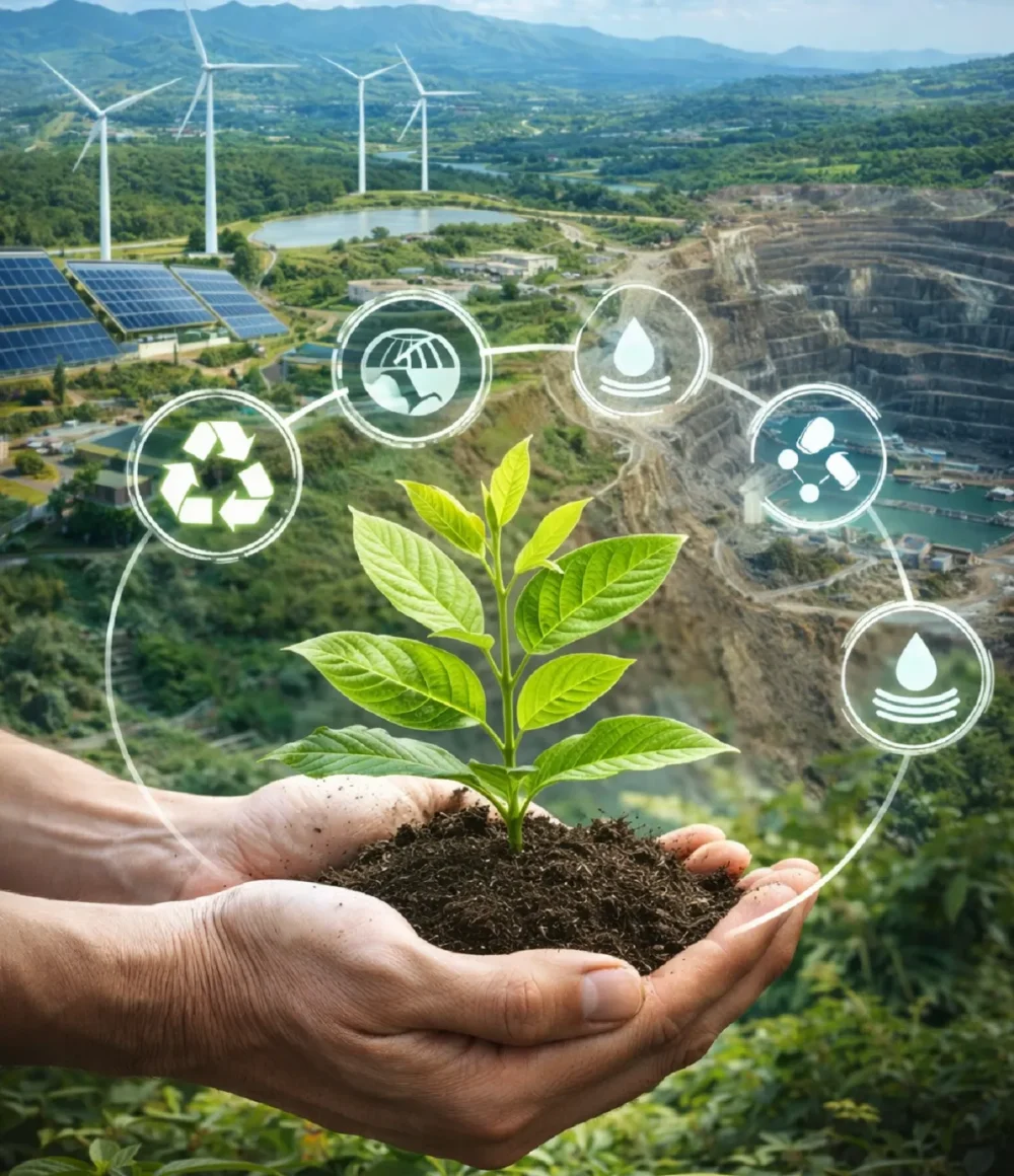 imagen ilustrativa de sustentabilidad y mineria. Mano sosteniendo tierra con un brote y un proyect minero de fondo