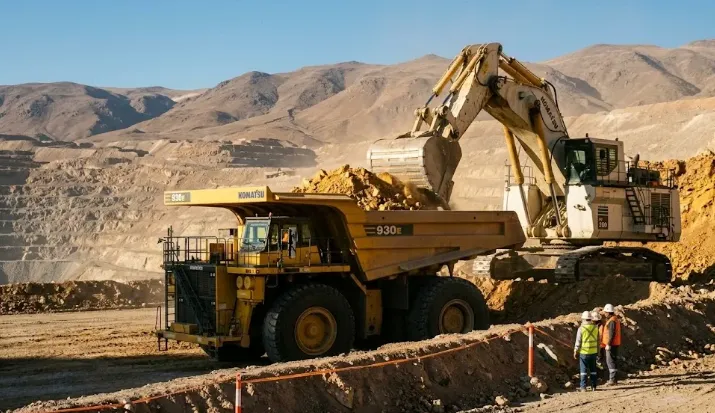 Imagen de ACERO Y ROCA Maquinaria pesada opera en un yacimiento a cielo abierto durante la carga de mineral metalífero. Imagen ilustrativa de Acero y Roca.