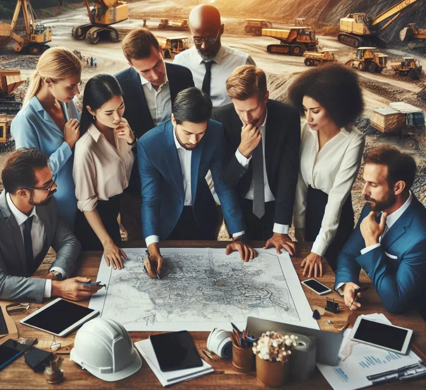Imagen de Acero y Roca Personas planificando la operación minera, con celulares y planos. Imagen de Acero y Roca