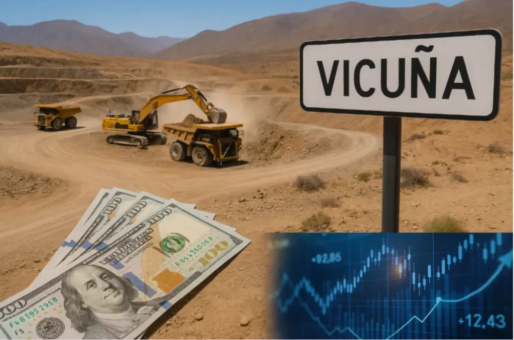 Infografía de inversión minera de Vicuña Corp en San Juan, destacando noticias de minería y desembolsos récord.