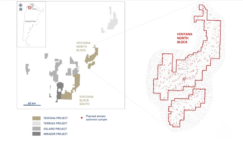 Exploración de cobre Argentina. Ubicación del proyecto Ventana con respecto a todas las propiedades que albergan sedimentos propiedad de la Compañía. Metales Latinos Inc.