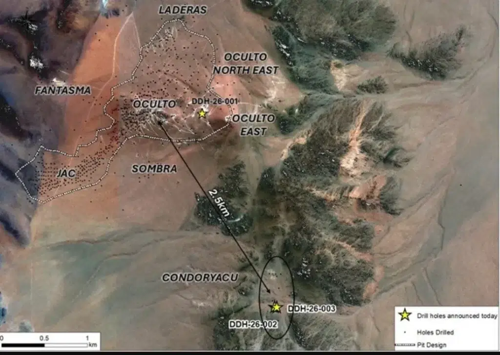 Mapa de resultados de perforación en AbraSilver Proyecto Diablillos Salta mostrando áreas de Condoryacu y Oculto.
