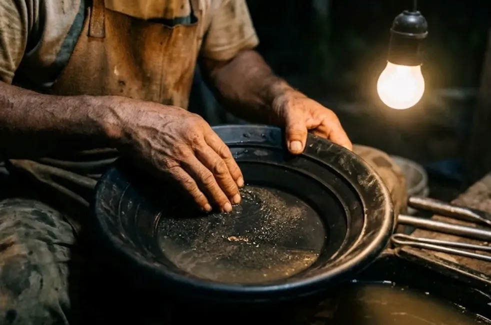 Contenido Original de ACERO Y ROCA - Prohibida su reproducción Persona practicando minería artesanal. Imagen de Acero y Roca