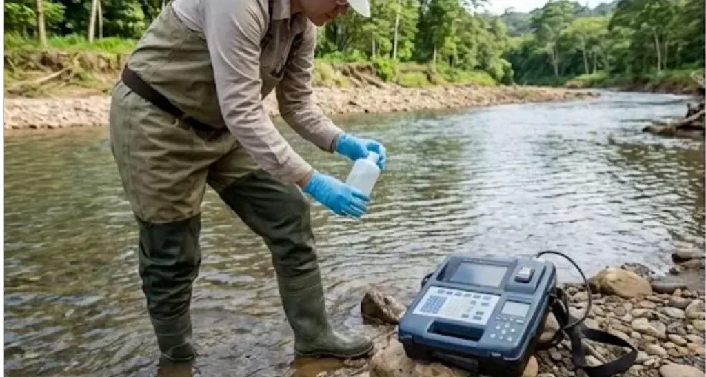 Profesional de química y geociencias tomando muestras de agua para control y fiscalización ambiental minera.