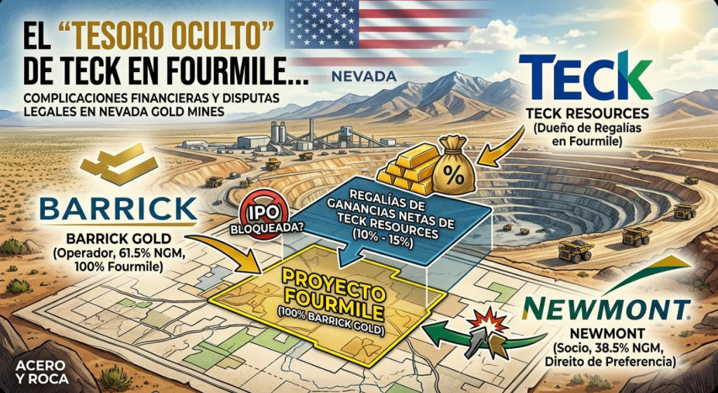 Contenido Original de ACERO Y ROCA - Prohibida su reproducción Infografía estratégica de Acero y Roca, de regalías de Teck Resources en el proyecto Fourmile de Barrick Gold y conflicto con Newmont en Nevada.