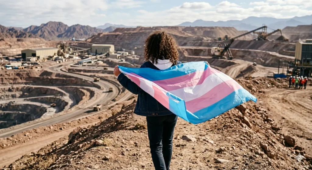 Contenido Original de ACERO Y ROCA- Prohibida su reproducción persona trans con la bandera trans sobre sus hombros, mirando hacia una operación minera en un paisaje desértico. La persona está parada en la cima de una colina, con el complejo minero extendiéndose debajo de ella. La imagen captura la determinación y la resiliencia de la comunidad trans frente a la exclusión