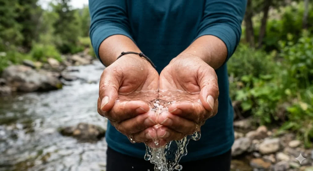 Contenido Original de ACERO Y ROCA - Prohibida su reproducción Manos llenas de agua en un río. Imagen de Acero y Roca