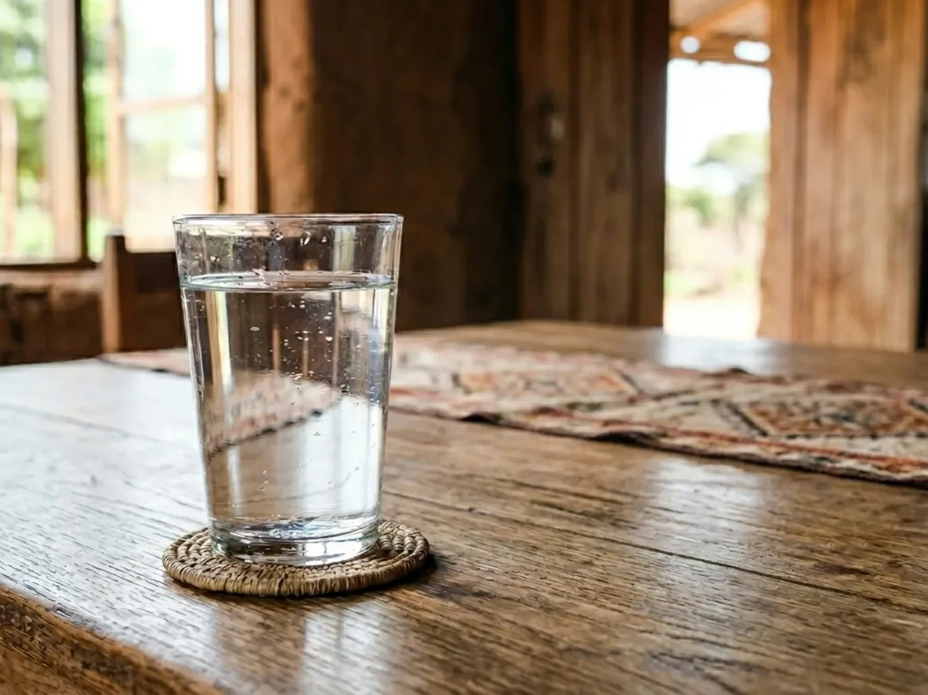 Contenido original de ACERO Y ROCA - Prohibida su reproducción Mesa con un vaso de agua limpia. Imagen ilustrativa: ACERO Y ROCA.