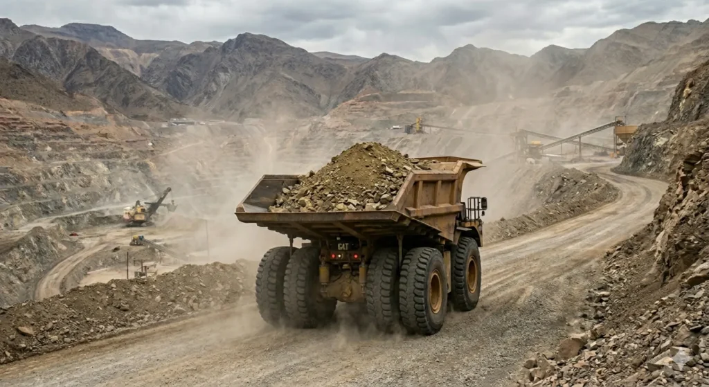 Contenido original de ACERO Y ROCA - Prohibida su reproducción camión fuera de ruta minería San Juan polvo en suspensión operación industrial sin inclusión laboral visible. Imagen ilustrativa de ACERO Y ROCA.