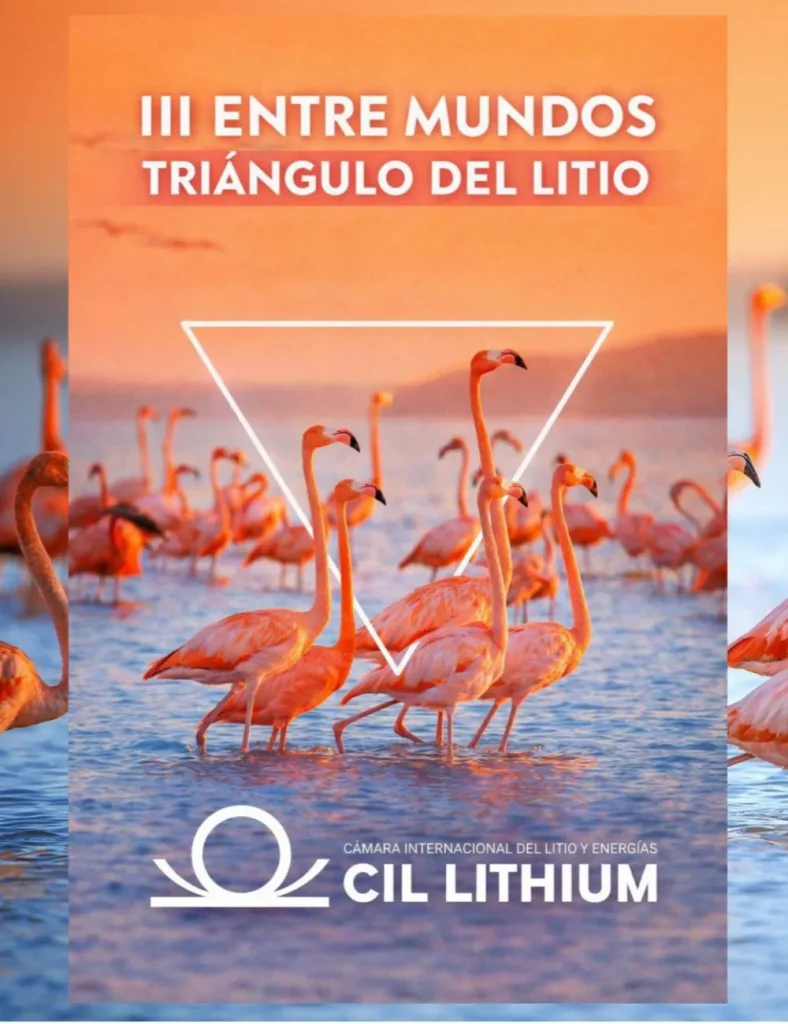 Flyer del evento III entre mundos triángulo del litio con un flamenco en el medio.
