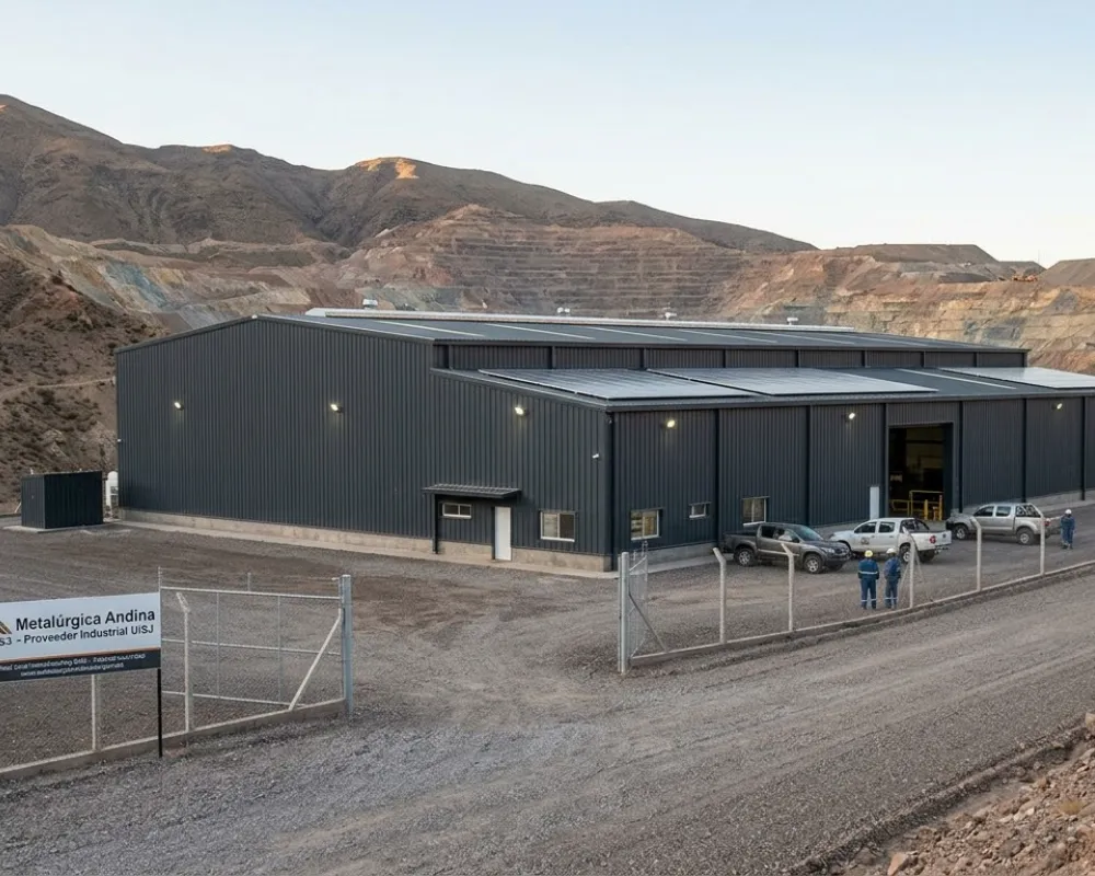 Contenido Original de ACERO Y ROCA - Prohibida su reproducción Vista exterior de una nueva planta industrial metalúrgica local sustentable en San Juan, con los Andes y una mina de cobre al fondo. Imagen ilustrativa de Acero y Roca.