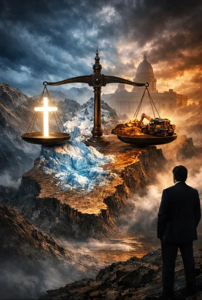 Contenido Original de ACERO Y ROCA - Prohibida su reproducción Representación de la iglesia contar la reforma de la ley de glaciares. Imagen de Acero y Roca