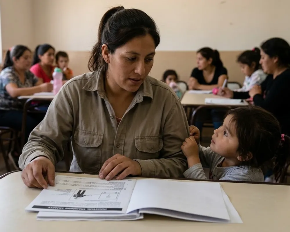 Contenido Original de ACERO Y ROCA - Prohibida su reproducción Mujer estudiando junto a sus hijos. Imagen de Acero y Roca