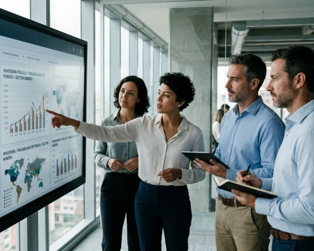 Contenido Original de ACERO Y ROCA - Prohibida su reproducción Profesionales analizando datos financieros y mapas para garantizar la transparencia en el uso de los fondos mineros. Imagen ilustrativa de Acero y Roca.