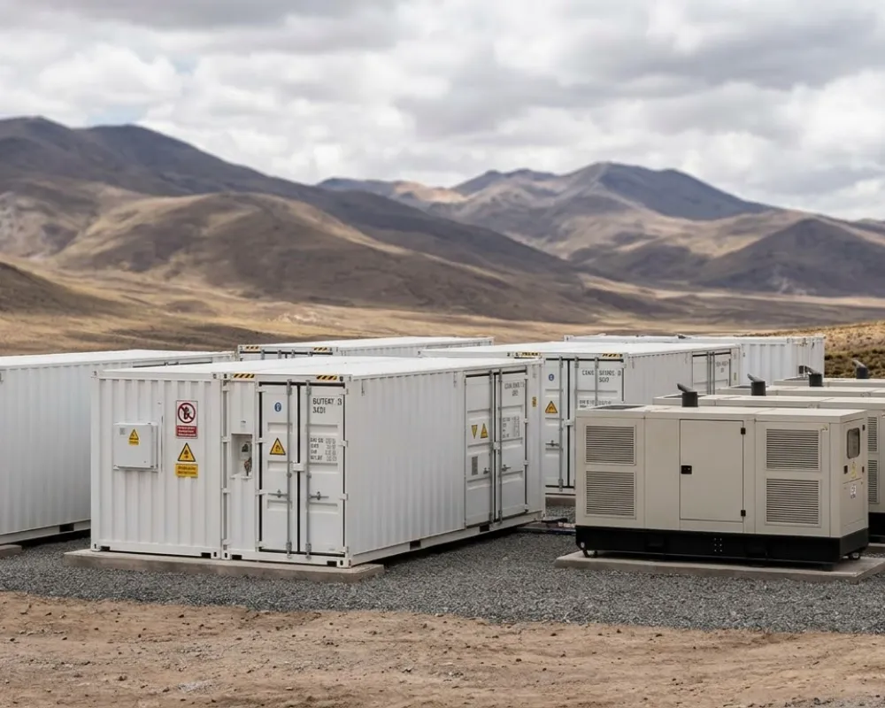 Contenido Original de ACERO Y ROCA - Prohibida su reproducción Sistemas de baterías BESS modulares instalados junto a generadores diésel de respaldo en un sitio de prueba de montaña en San Juan, Argentina. Imagen de Acero y Roca