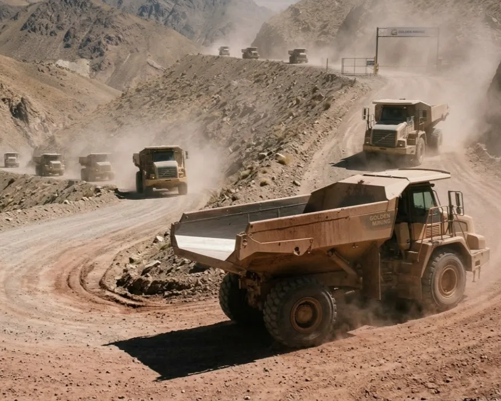Camiones mineros trabajando en una huella minera en alta montaña