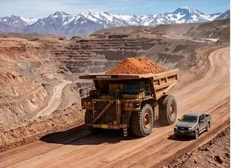Camión minero operando en la cordillera, clave para la economía y gestión minera del cobre. Imagen ilustrativa de Acero y Roca