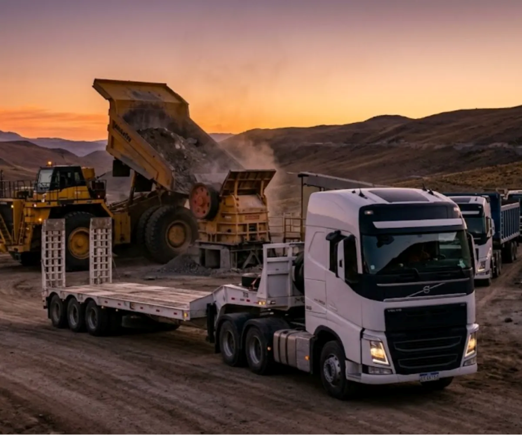 Contenido Original de ACERO Y ROCA - Prohibida su reproducción Logística minera alta montaña. Camiones en ruta. Imagen de Acero y Roca